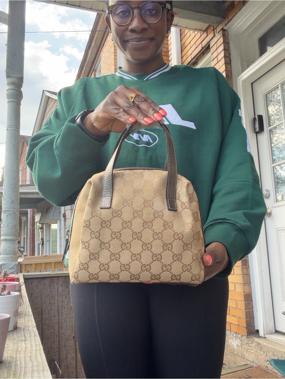 Gucci Beige GG Canvas Mini Top Handle Bag with Brown Leather Trims